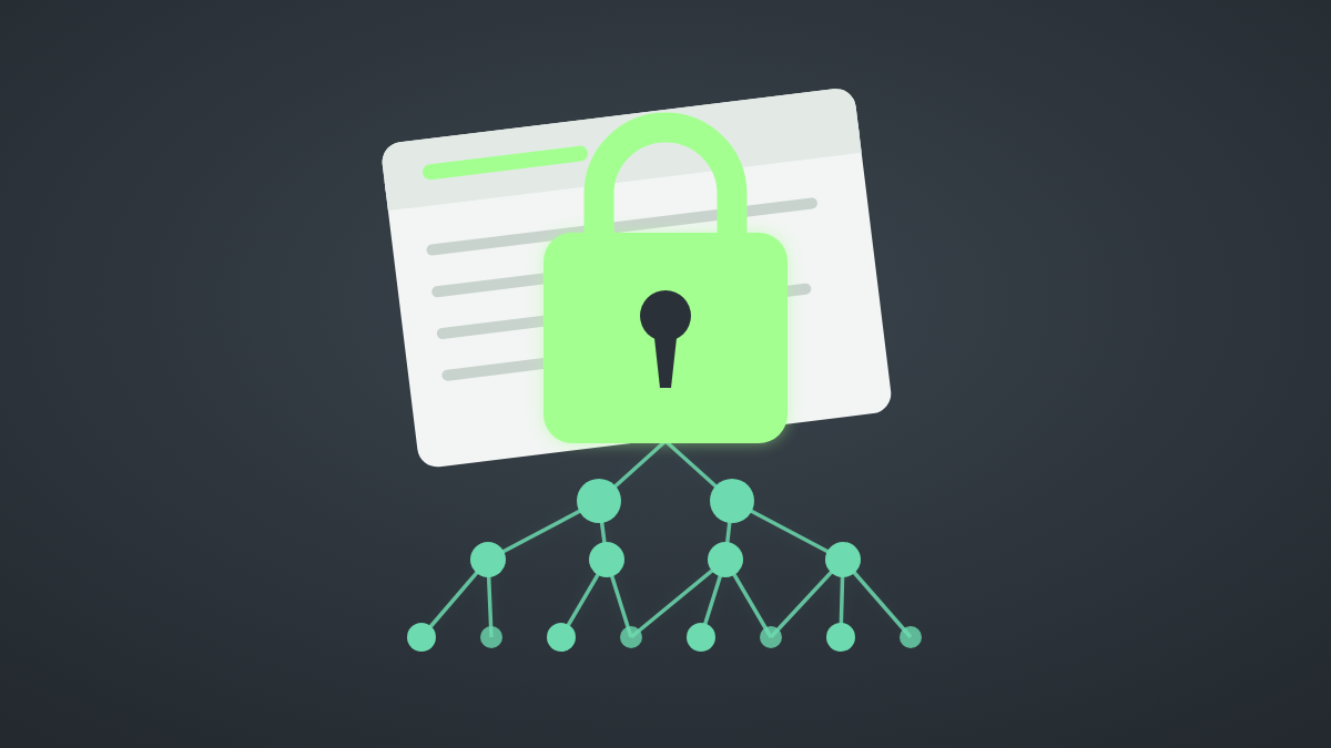 Illustration of a green padlock over an SSL certificate with a Merkle tree of connected nodes below, on a dark background